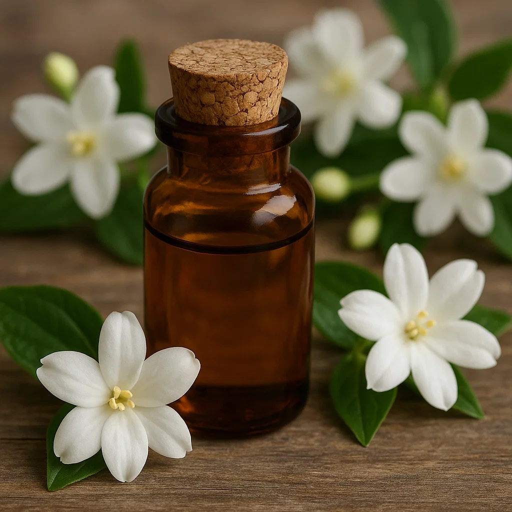 تصویر اسانس گل رازقی در کنار گل‌های سفید رازقی مخصوص مصارف بهداشتی و عطری