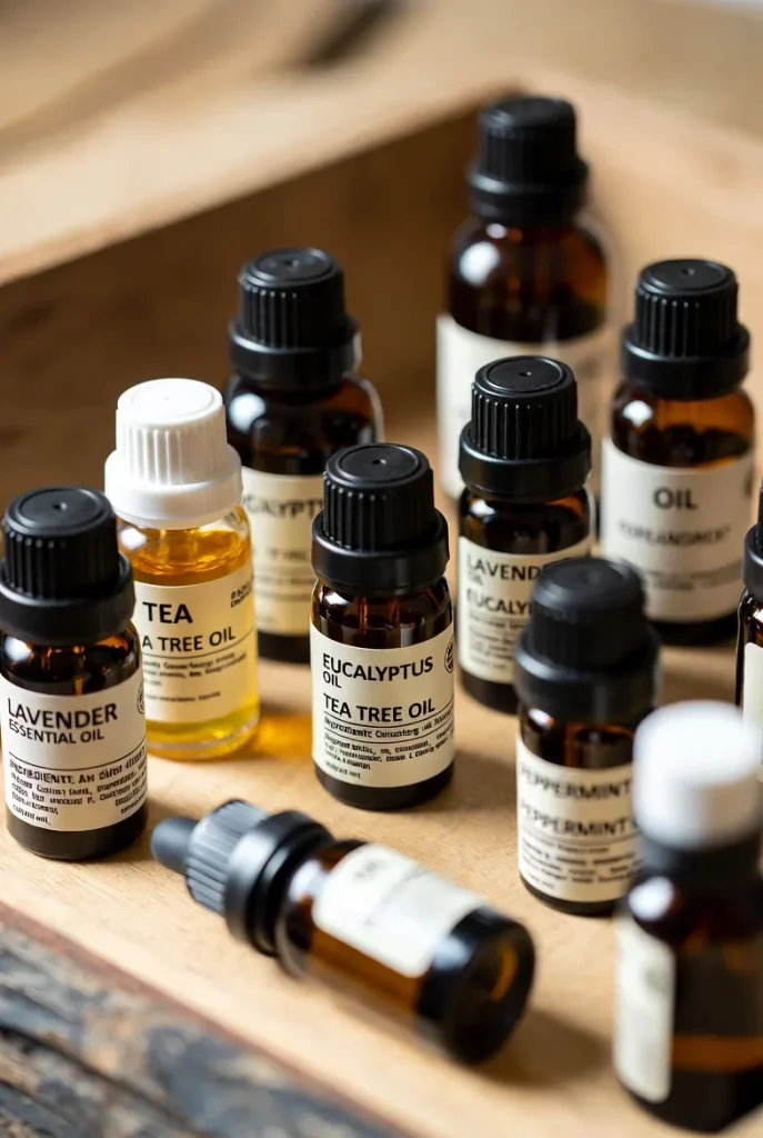 بطری اسانس گیاهی آرام‌بخش در کنار شاخه‌های اسطوخودوس روی میز چوبی