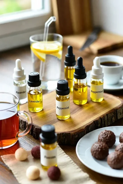 بطری اسانس خوراکی مرکبات روی میز چوبی – تصویر کلوزآپ